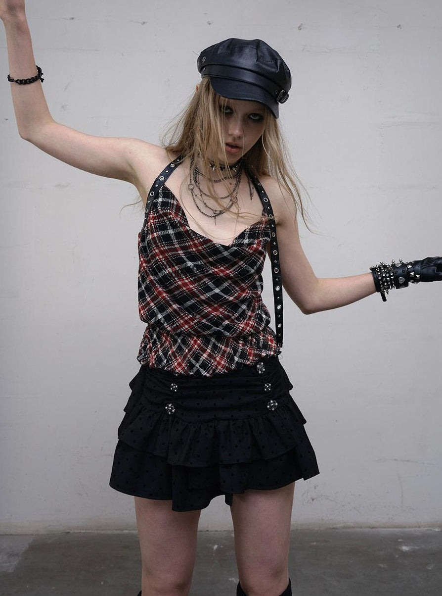 NO ROMANCE Vintage Plaid Mesh Halter Top Slim Fit Blouse