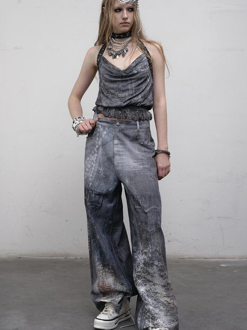 NO ROMANCE Vintage Plaid Mesh Halter Top Slim Fit Blouse