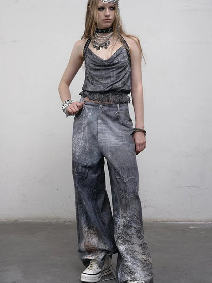 Vintage Plaid Mesh Halter Top Slim Fit Blouse