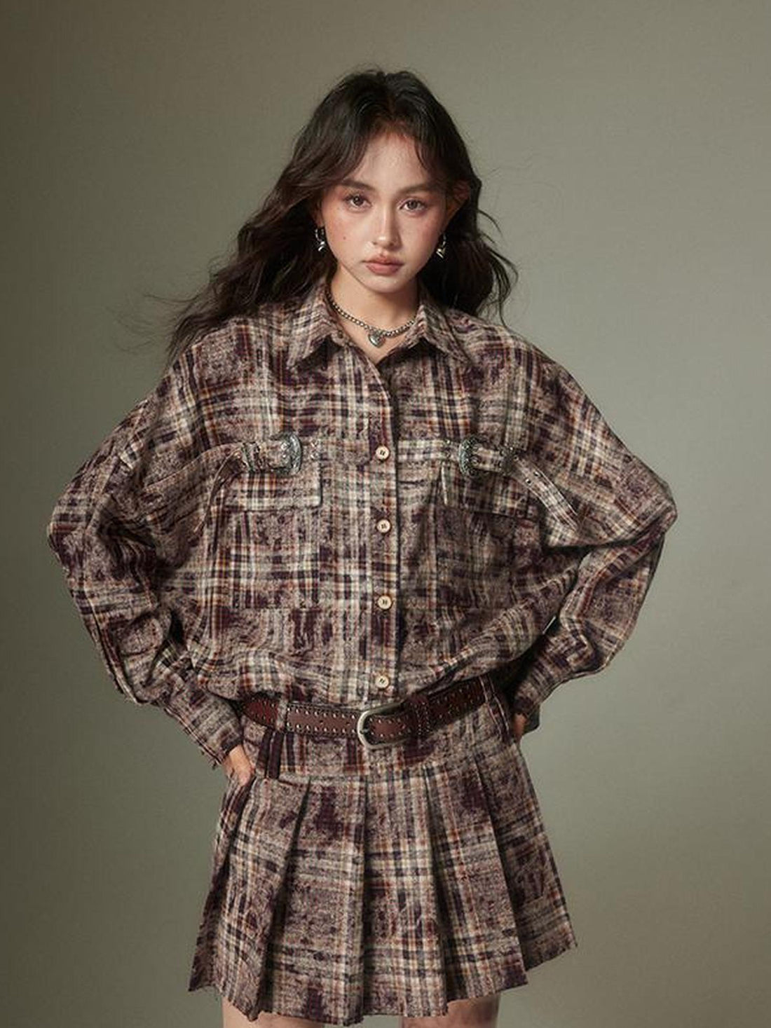 DIDDI MODA Vintage Plaid Shirt Pleated Skirt Set Retro Punk Style