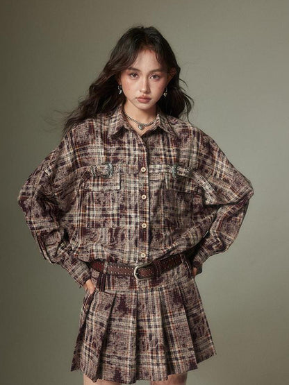 DIDDI MODA Vintage Plaid Shirt Pleated Skirt Set Retro Punk Style