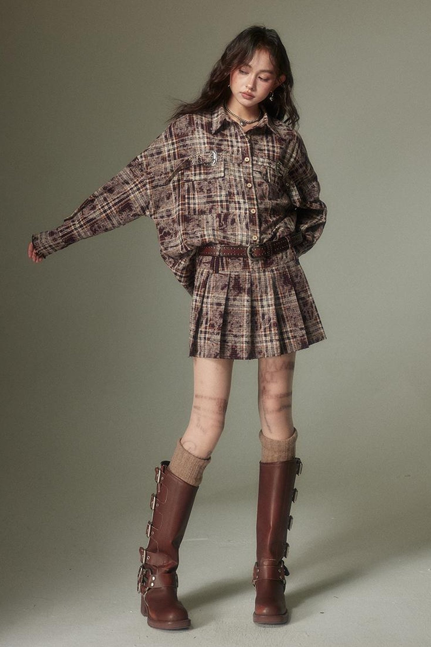 DIDDI MODA Vintage Plaid Shirt Pleated Skirt Set Retro Punk Style