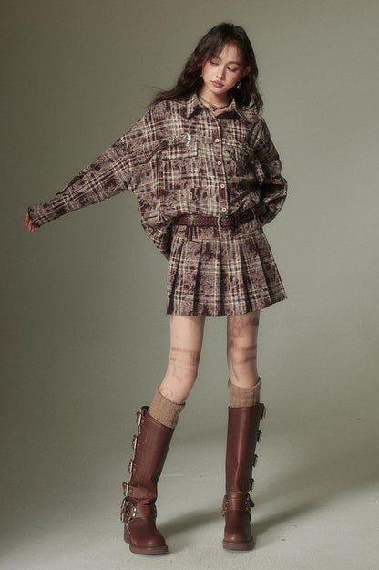 DIDDI MODA Vintage Plaid Shirt Pleated Skirt Set Retro Punk Style
