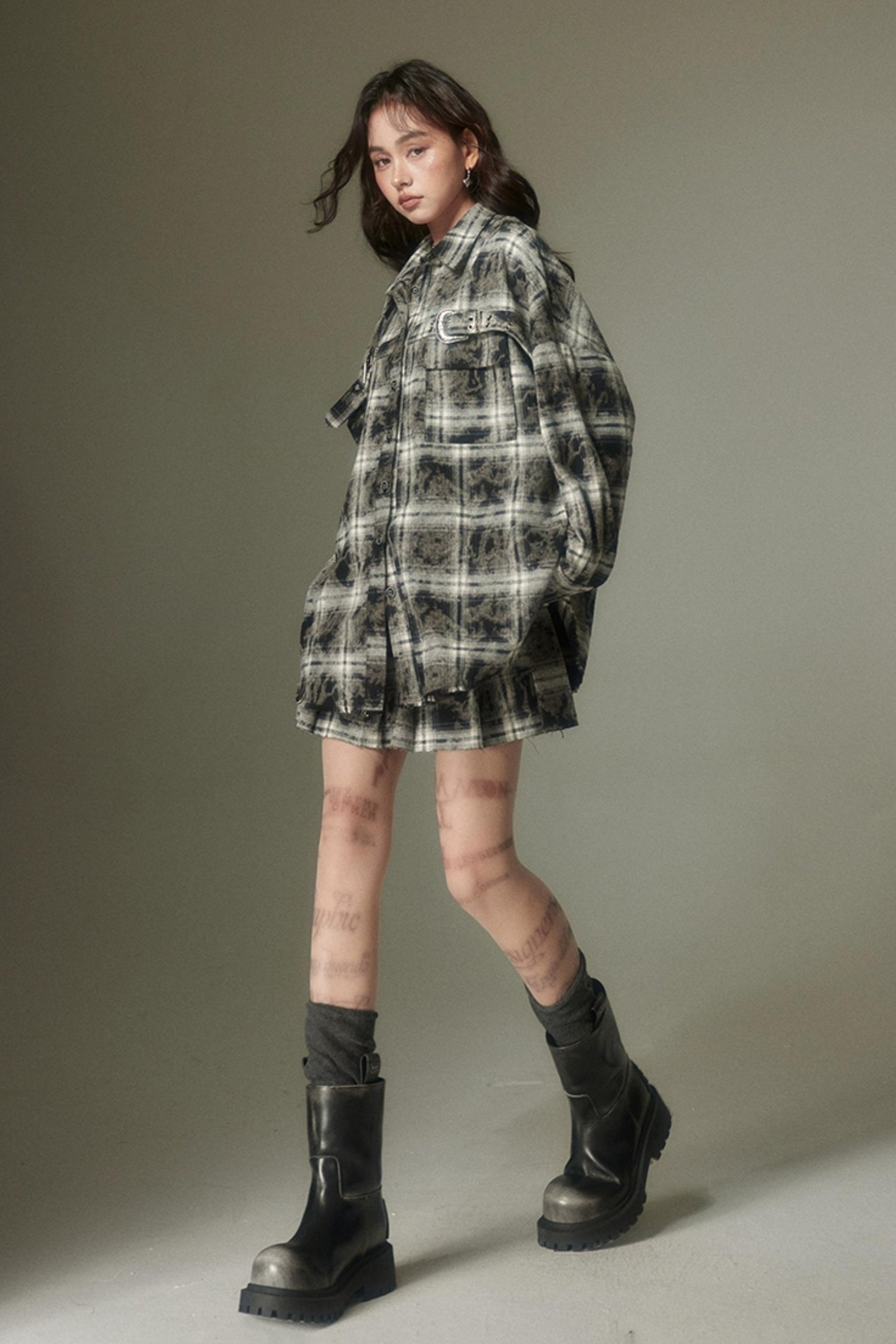DIDDI MODA Vintage Plaid Shirt Pleated Skirt Set Retro Punk Style