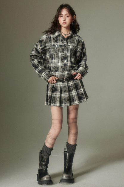 DIDDI MODA Vintage Plaid Shirt Pleated Skirt Set Retro Punk Style