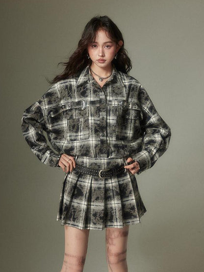 DIDDI MODA Vintage Plaid Shirt Pleated Skirt Set Retro Punk Style