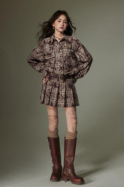 DIDDI MODA Vintage Plaid Shirt Pleated Skirt Set Retro Punk Style