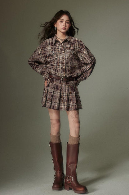 DIDDI MODA Vintage Plaid Shirt Pleated Skirt Set Retro Punk Style