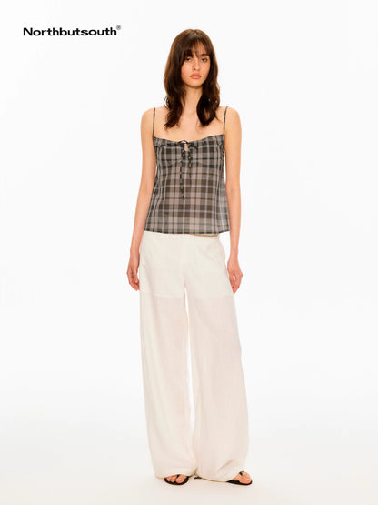 Vintage Plaid Textured Lace Up Drawstring Women&