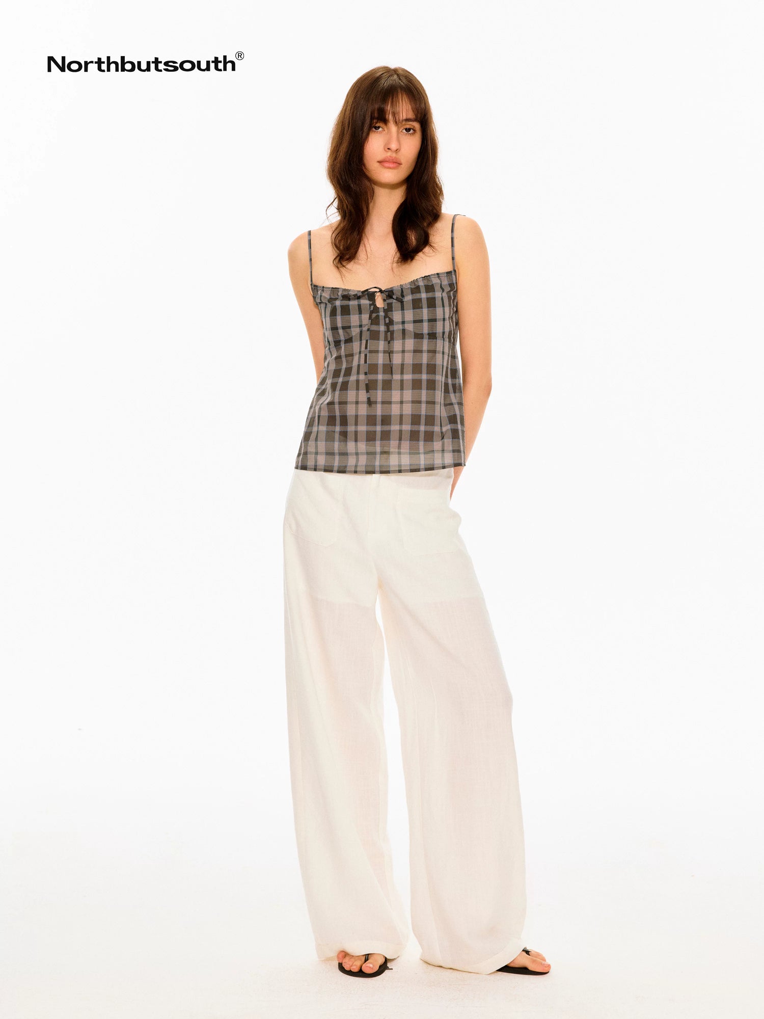 Vintage Plaid Textured Lace Up Drawstring Women&