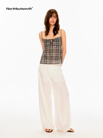 Vintage Plaid Textured Lace Up Drawstring Women&