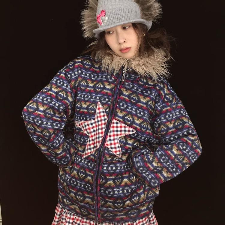 Vintage Plush Collar Dual-Zip Jacket with Unique Print