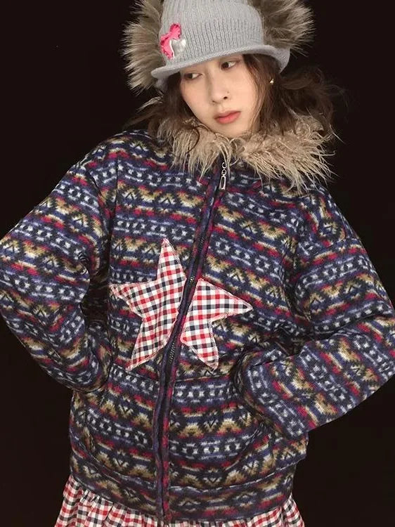 Vintage Plush Collar Dual-Zip Jacket With Unique Print