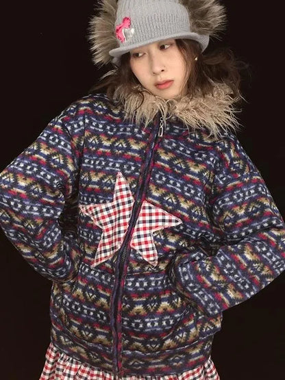 Vintage Plush Collar Dual-Zip Jacket With Unique Print