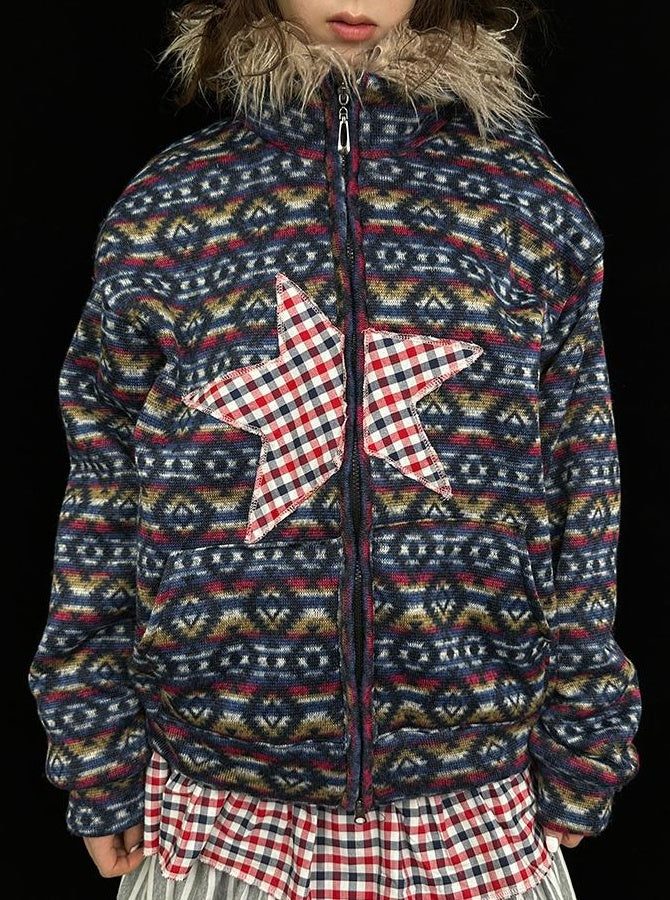 Vintage Plush Collar Dual-Zip Jacket with Unique Print