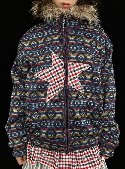 Vintage Plush Collar Dual-Zip Jacket with Unique Print