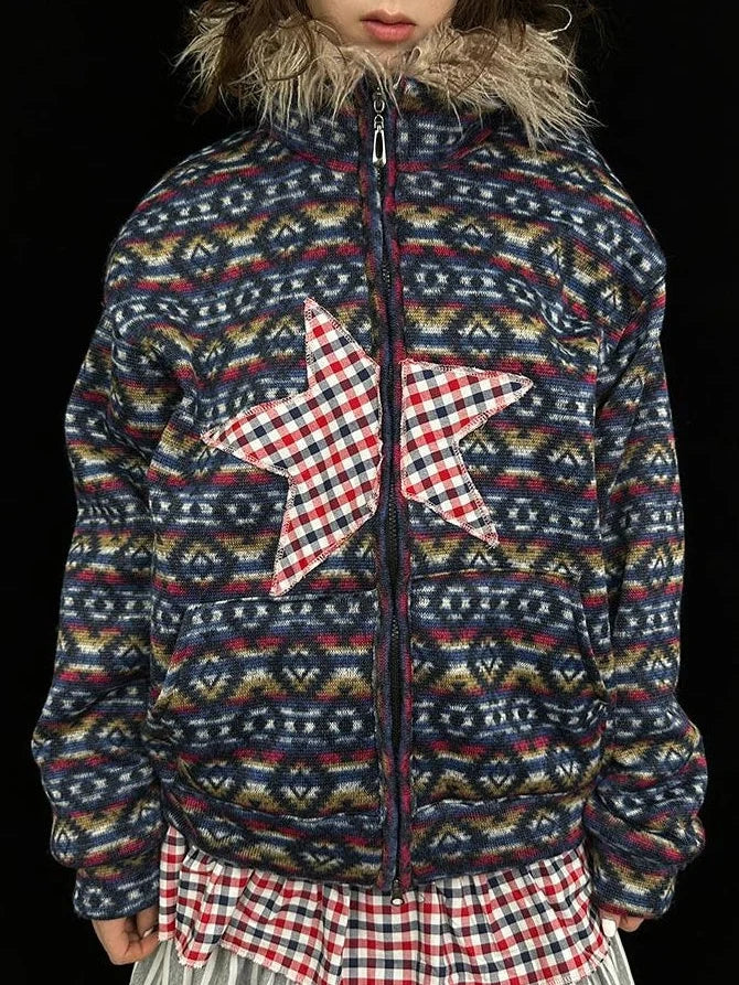 Vintage Plush Collar Dual-Zip Jacket With Unique Print