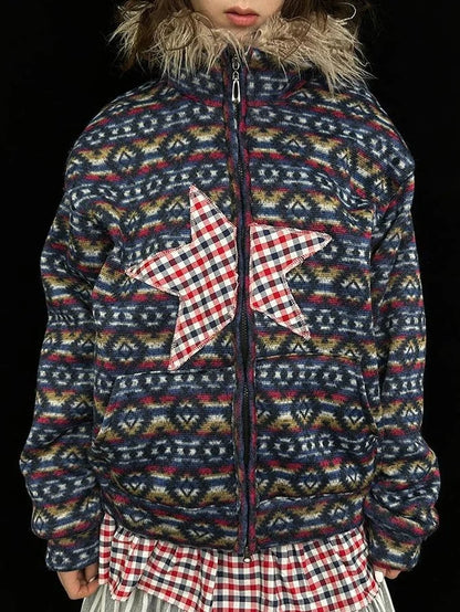Vintage Plush Collar Dual-Zip Jacket With Unique Print
