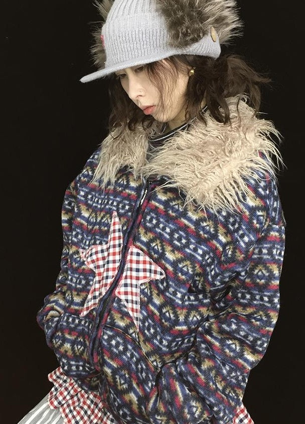 Vintage Plush Collar Dual-Zip Jacket with Unique Print