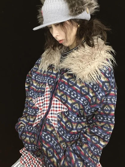 Vintage Plush Collar Dual-Zip Jacket With Unique Print