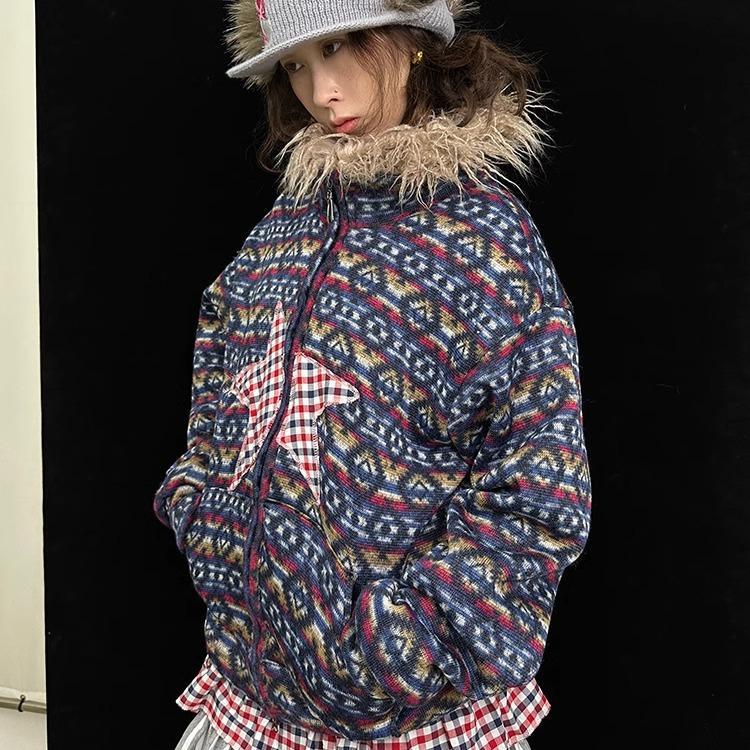 Vintage Plush Collar Dual-Zip Jacket with Unique Print