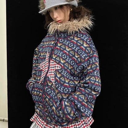 Vintage Plush Collar Dual-Zip Jacket with Unique Print