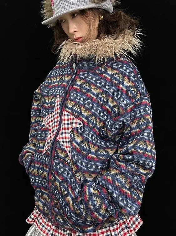 Vintage Plush Collar Dual-Zip Jacket With Unique Print