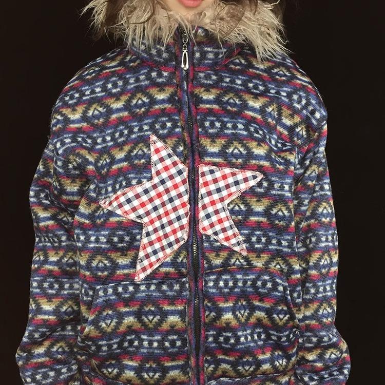 Vintage Plush Collar Dual-Zip Jacket with Unique Print