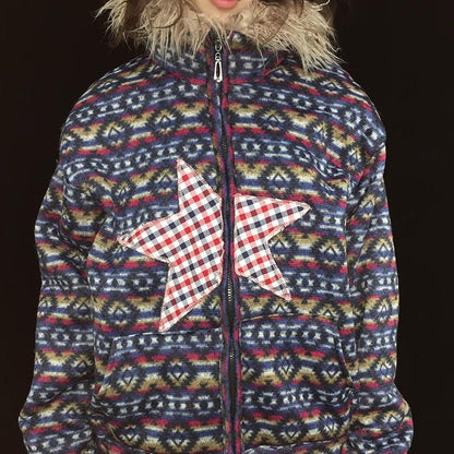 Vintage Plush Collar Dual-Zip Jacket with Unique Print