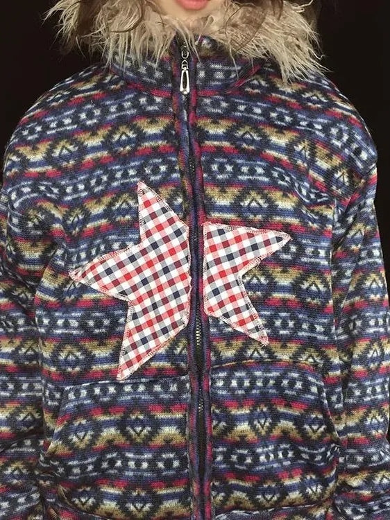 Vintage Plush Collar Dual-Zip Jacket With Unique Print