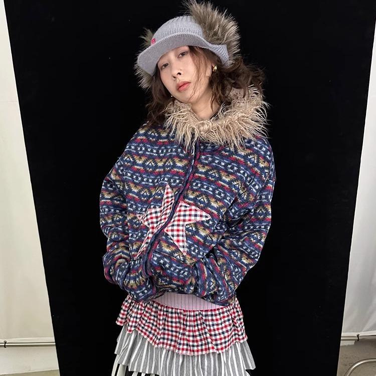 Vintage Plush Collar Dual-Zip Jacket with Unique Print