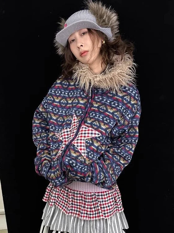 Vintage Plush Collar Dual-Zip Jacket With Unique Print