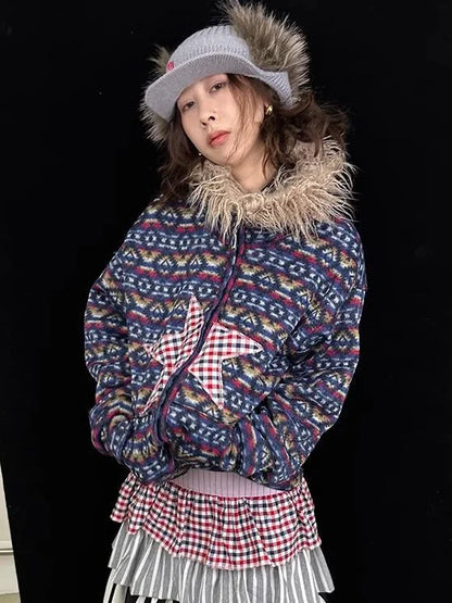 Vintage Plush Collar Dual-Zip Jacket With Unique Print