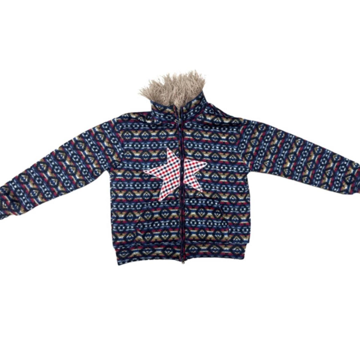 Vintage Plush Collar Dual-Zip Jacket with Unique Print