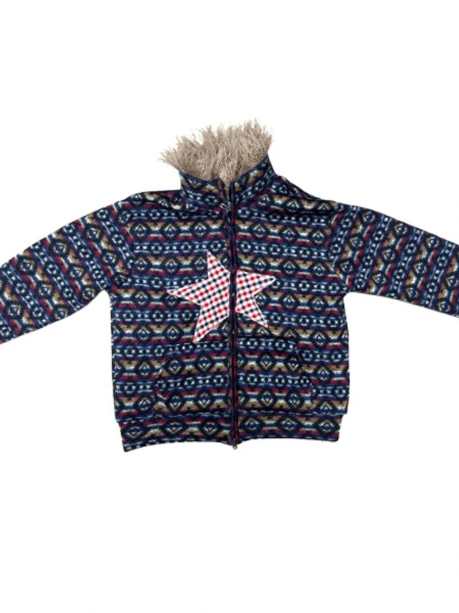 Vintage Plush Collar Dual-Zip Jacket With Unique Print