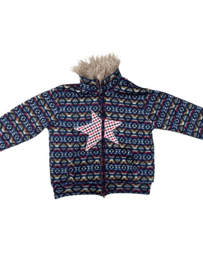 Vintage Plush Collar Dual-Zip Jacket With Unique Print