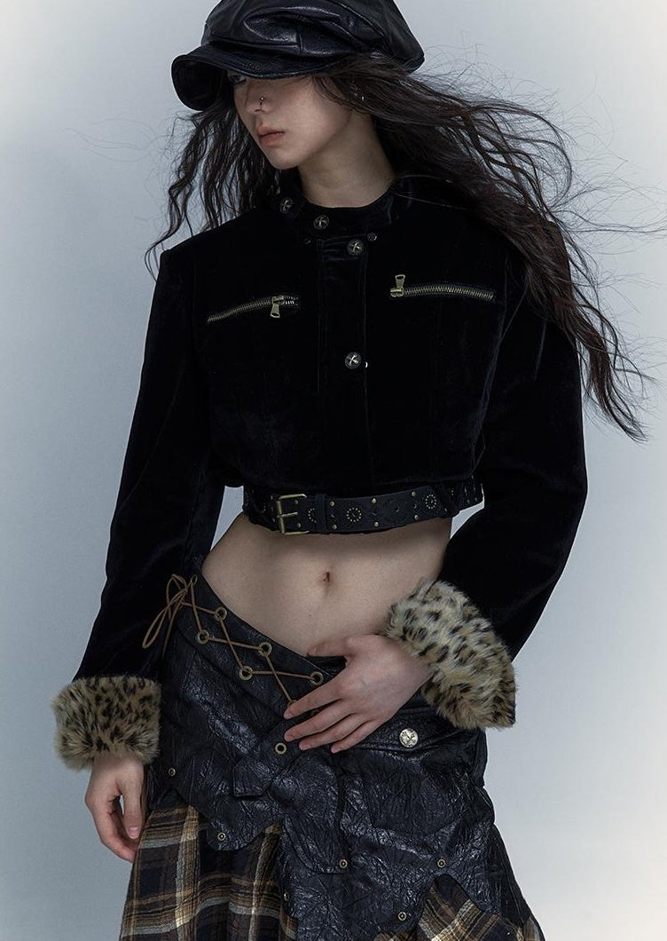 Vintage Punk Detachable Short Jacket with Leopard Fur Coat