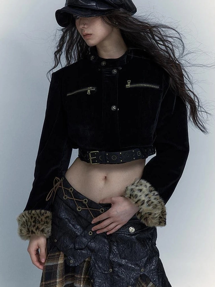 Vintage Punk Detachable Short Jacket With Leopard Fur Coat