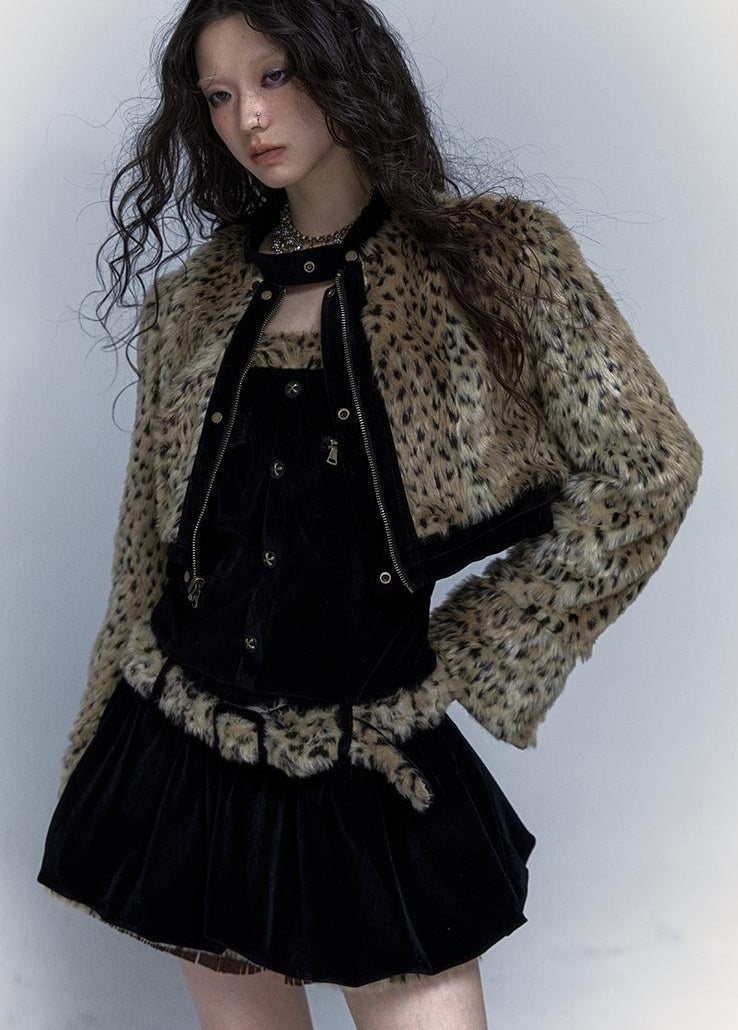 Vintage Punk Detachable Short Jacket with Leopard Fur Coat