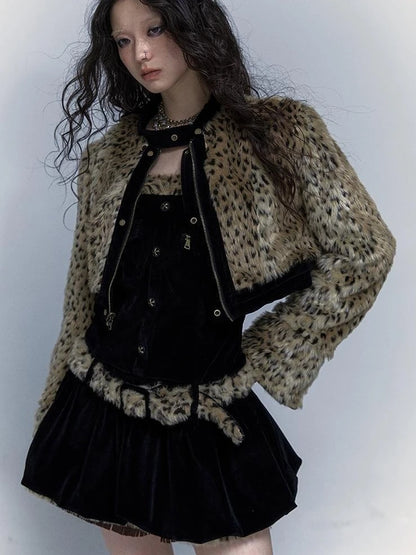 Vintage Punk Detachable Short Jacket With Leopard Fur Coat