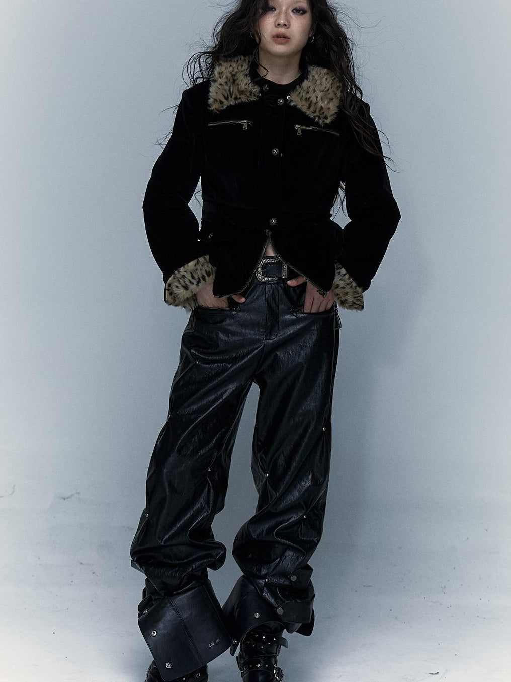 Vintage Punk Detachable Short Jacket with Leopard Fur Coat
