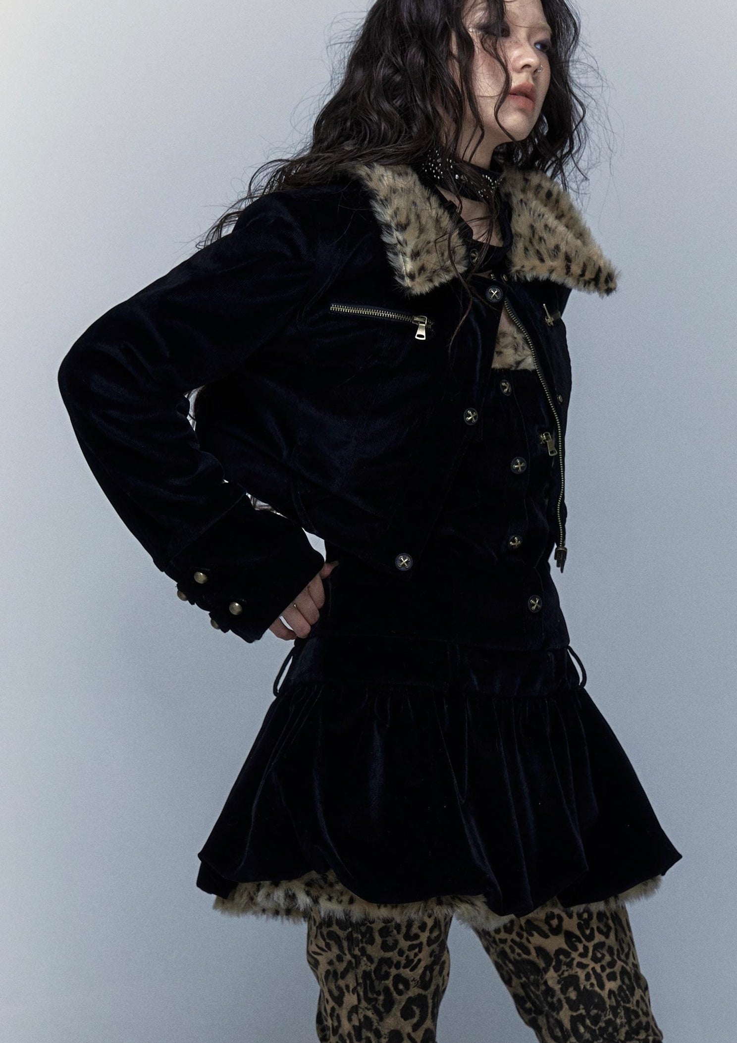 Vintage Punk Detachable Short Jacket with Leopard Fur Coat