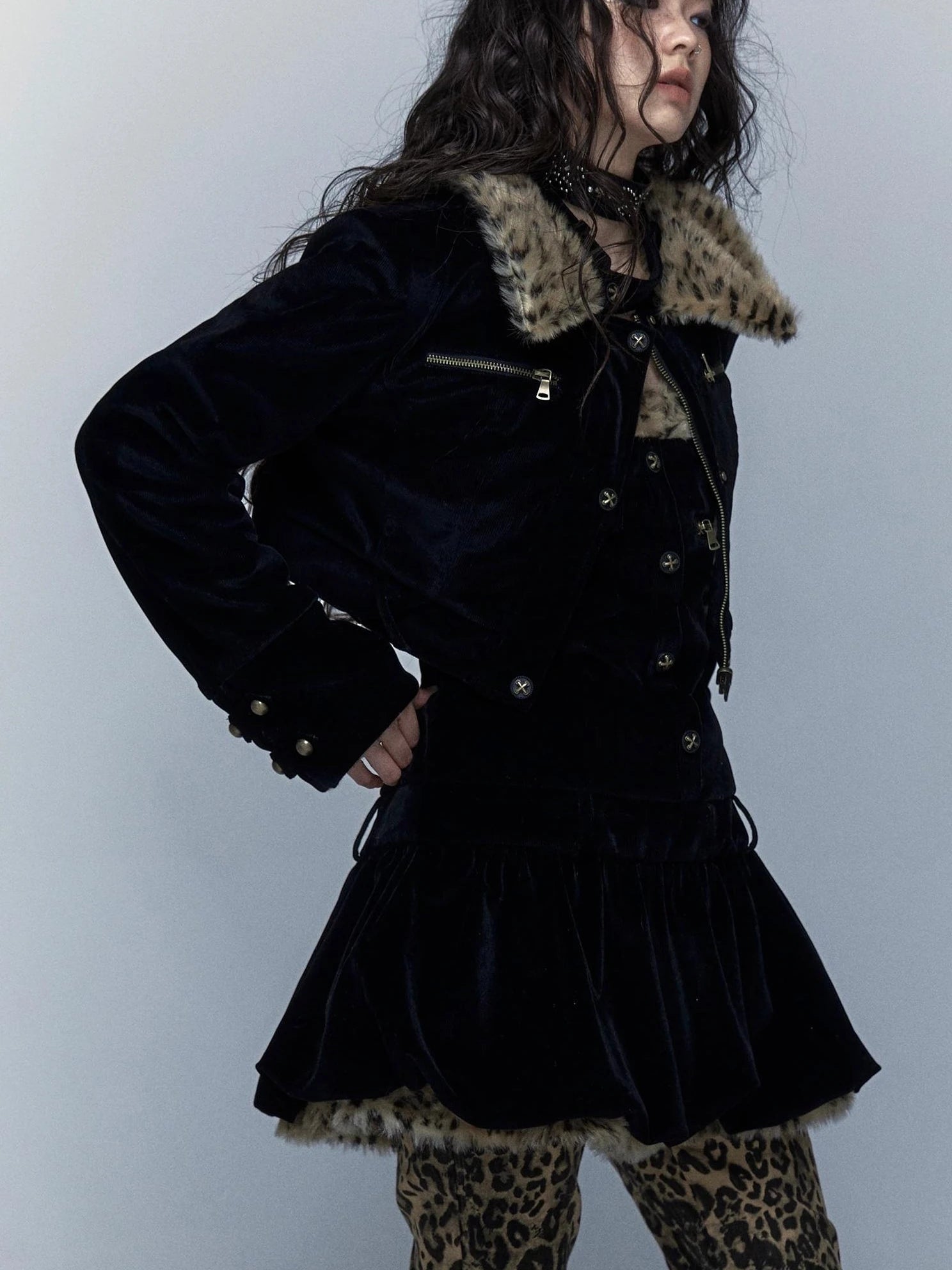 Vintage Punk Detachable Short Jacket With Leopard Fur Coat