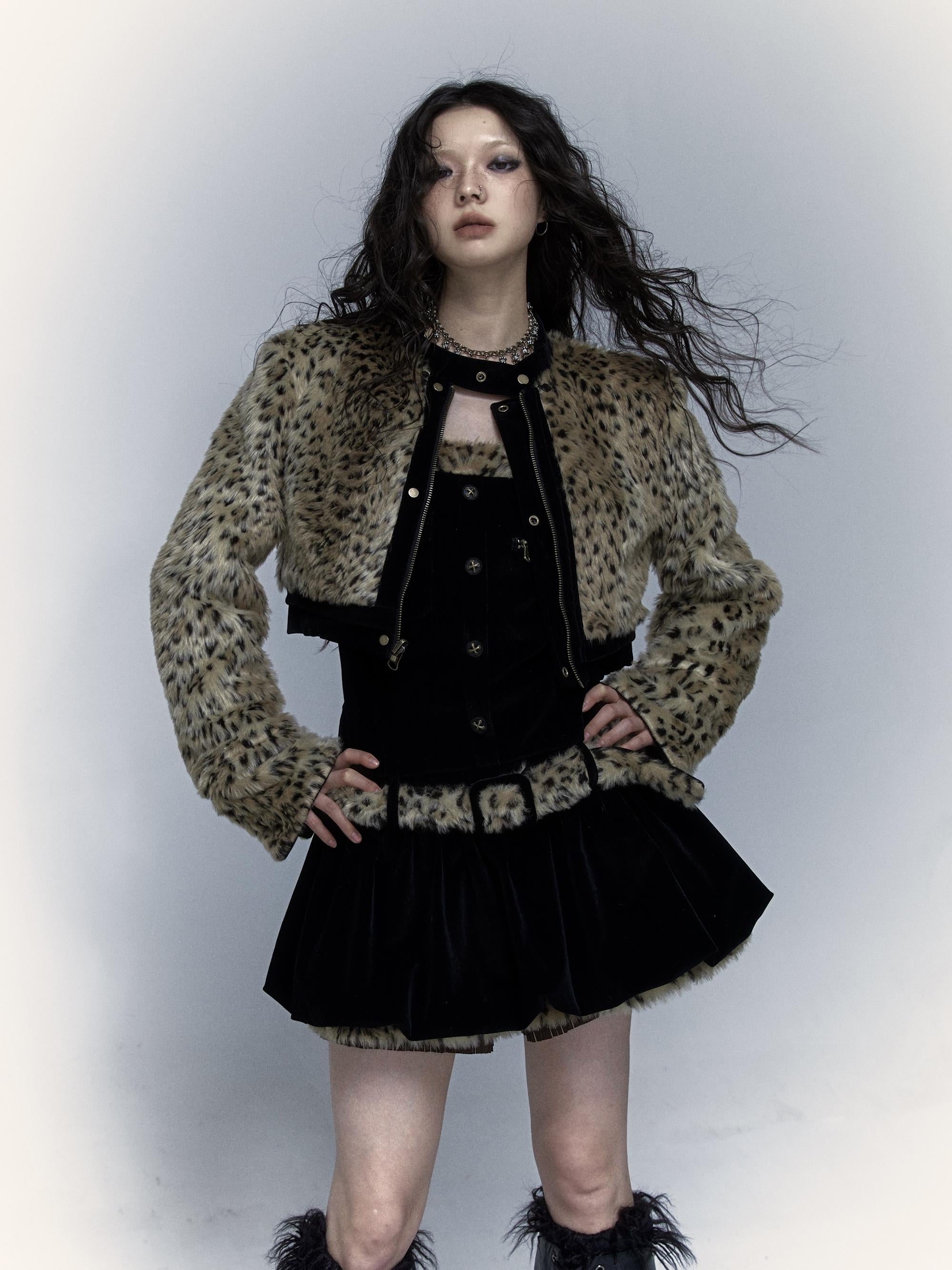 Vintage Punk Detachable Short Jacket with Leopard Fur Coat