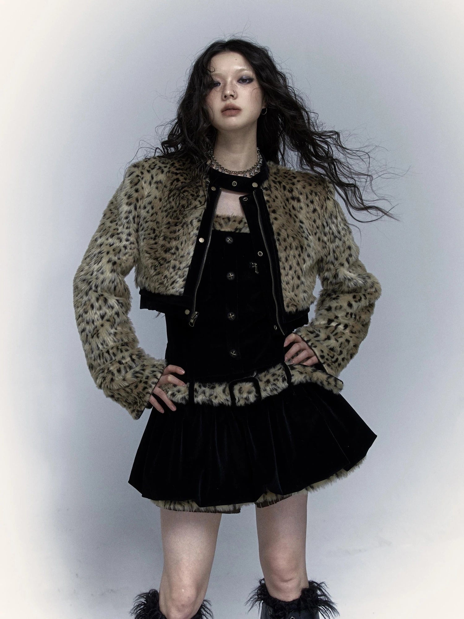 Vintage Punk Detachable Short Jacket With Leopard Fur Coat