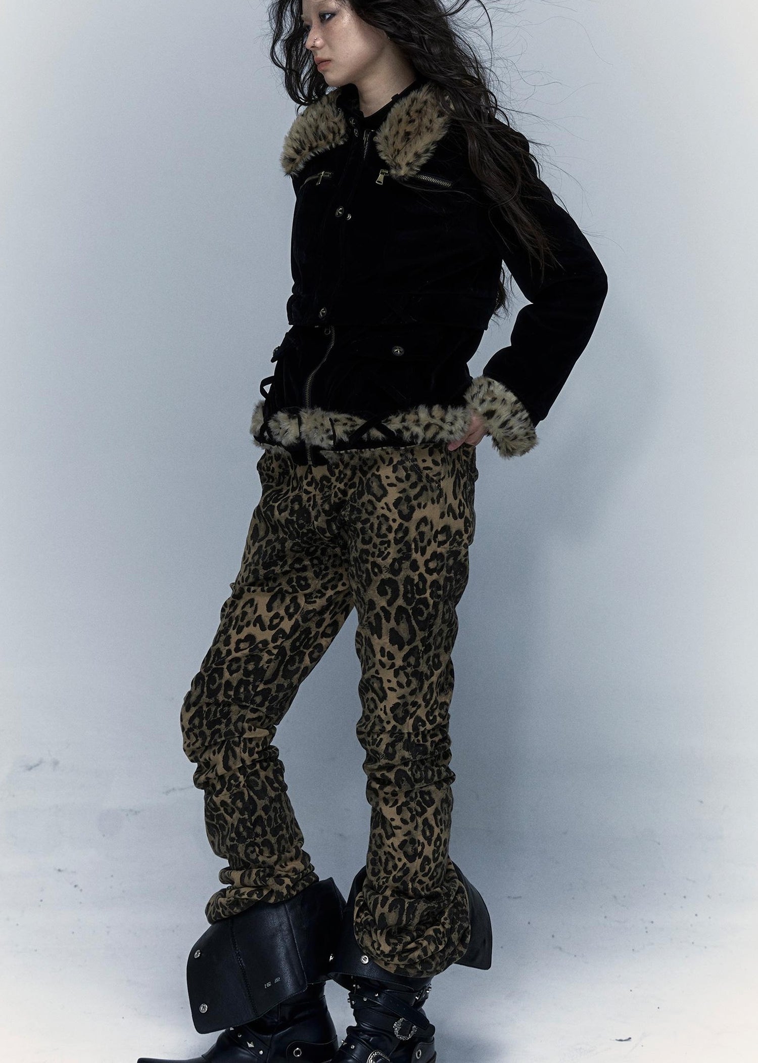Vintage Punk Detachable Short Jacket with Leopard Fur Coat