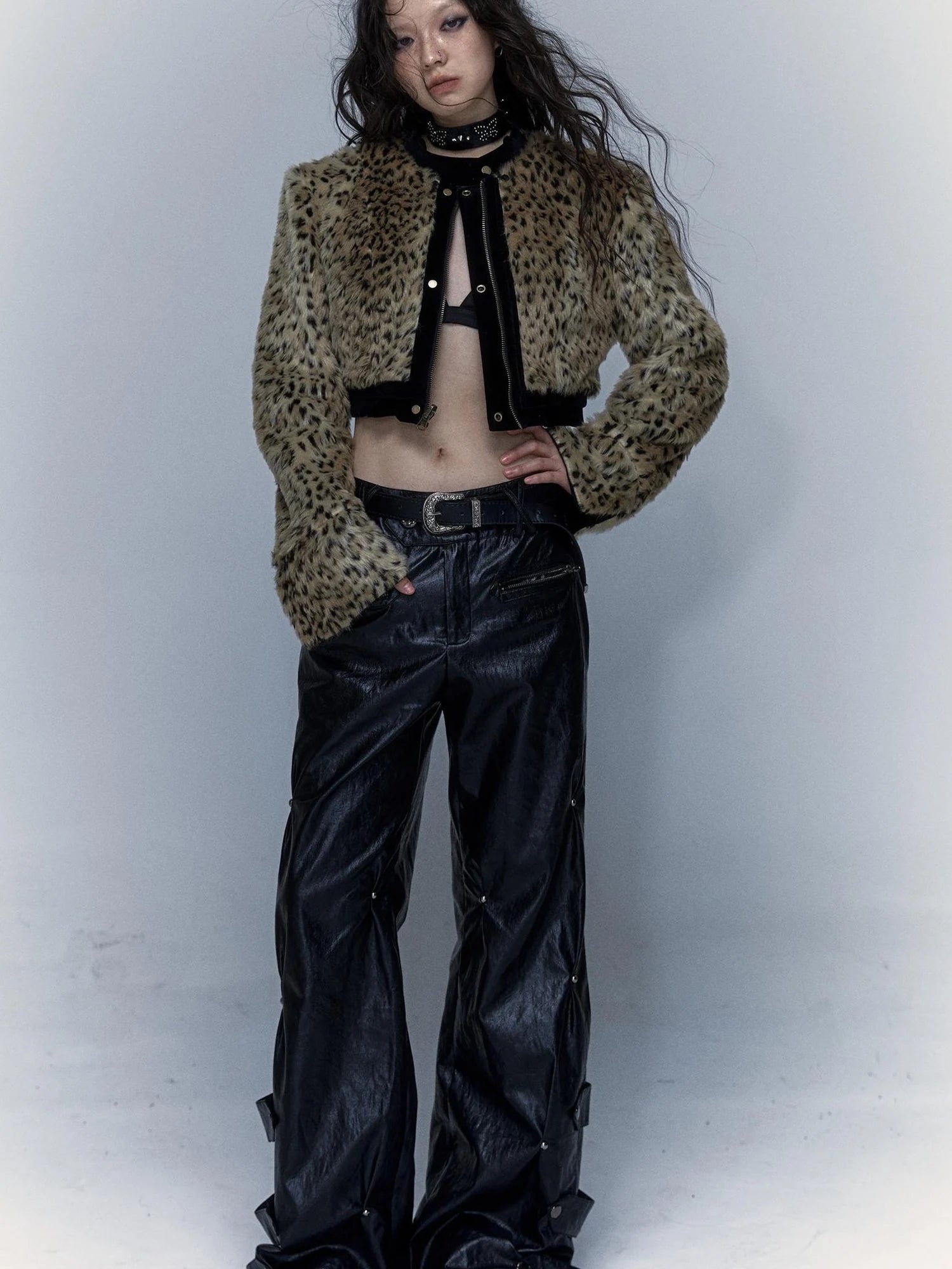 Vintage Punk Detachable Short Jacket With Leopard Fur Coat