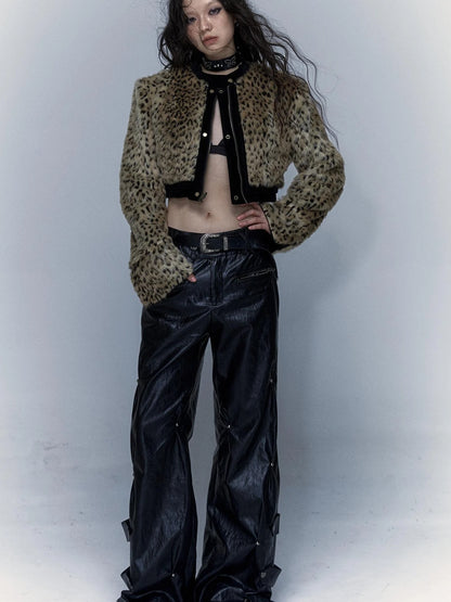 Vintage Punk Detachable Short Jacket With Leopard Fur Coat
