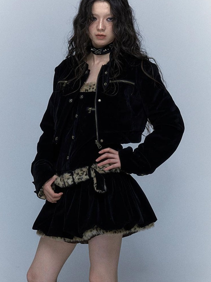 Vintage Punk Detachable Short Jacket with Leopard Fur Coat