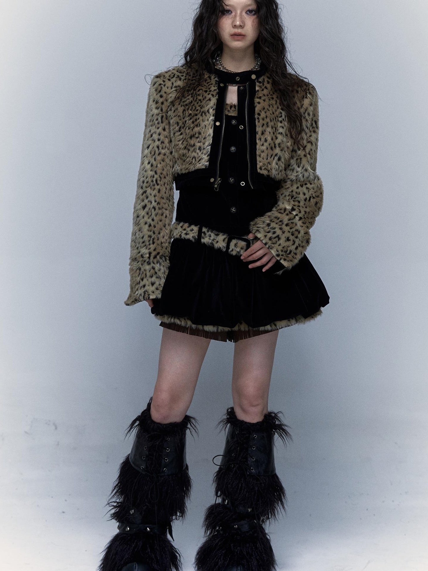Vintage Punk Detachable Short Jacket with Leopard Fur Coat